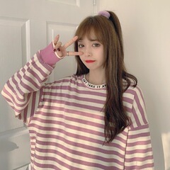 Real photo 2021 autumn new Korean stripe fake two thin t-shirt female Fishscale cotton