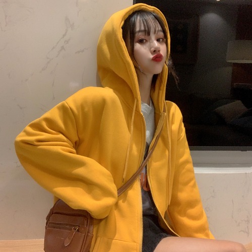 Xfj real shot new simple hooded loose solid color cardigan zipper pocket thin sweater women's coat