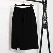 Mid-length black elastic skirt women's autumn Korean version high-waisted split one-step skirt new lace-up hip skirt long skirt