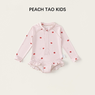 宝宝连体可爱温泉三角防晒度假泳装 泳衣女儿童26新款 小苹果粉长袖