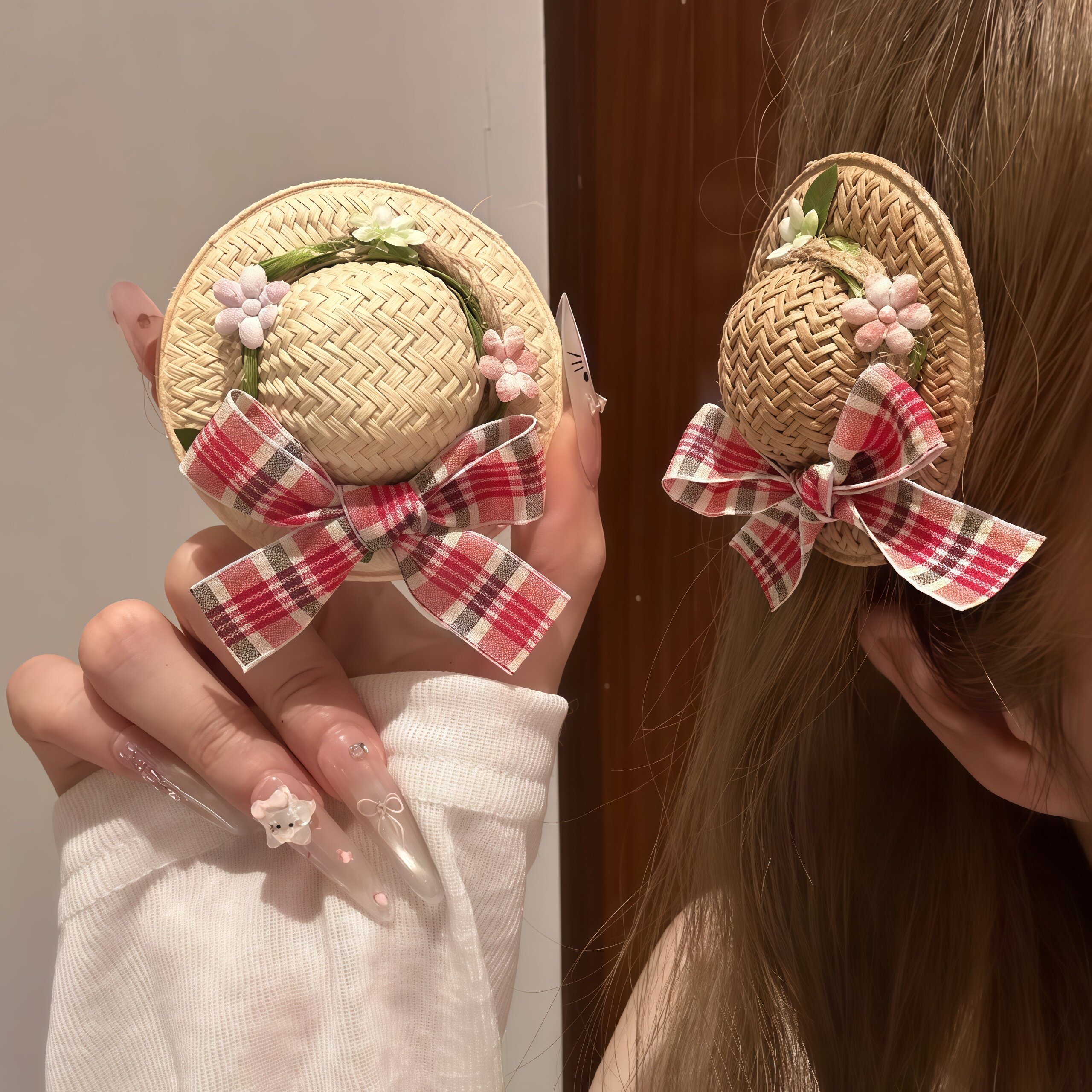 可爱蝴蝶结草编小帽发夹甜美风少女碎发刘海夹森系高颜值百搭发卡