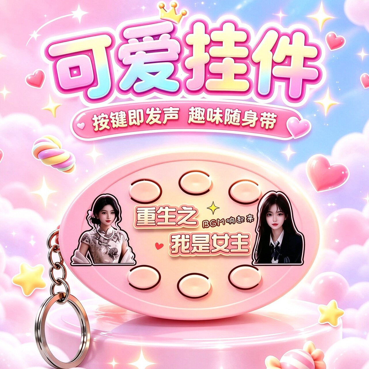 重生之我是女主男主短剧音效bgm语音声控挂件解压玩具六键钥匙扣