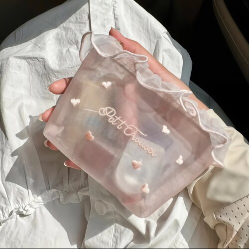 韩国ins风少女网纱爱心刺绣便携化妆包可爱纸巾包补妆收纳包家用
