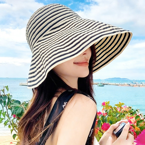 2026新款条纹帽百搭可折叠防晒大檐遮阳渔夫帽海边度假防晒帽子女