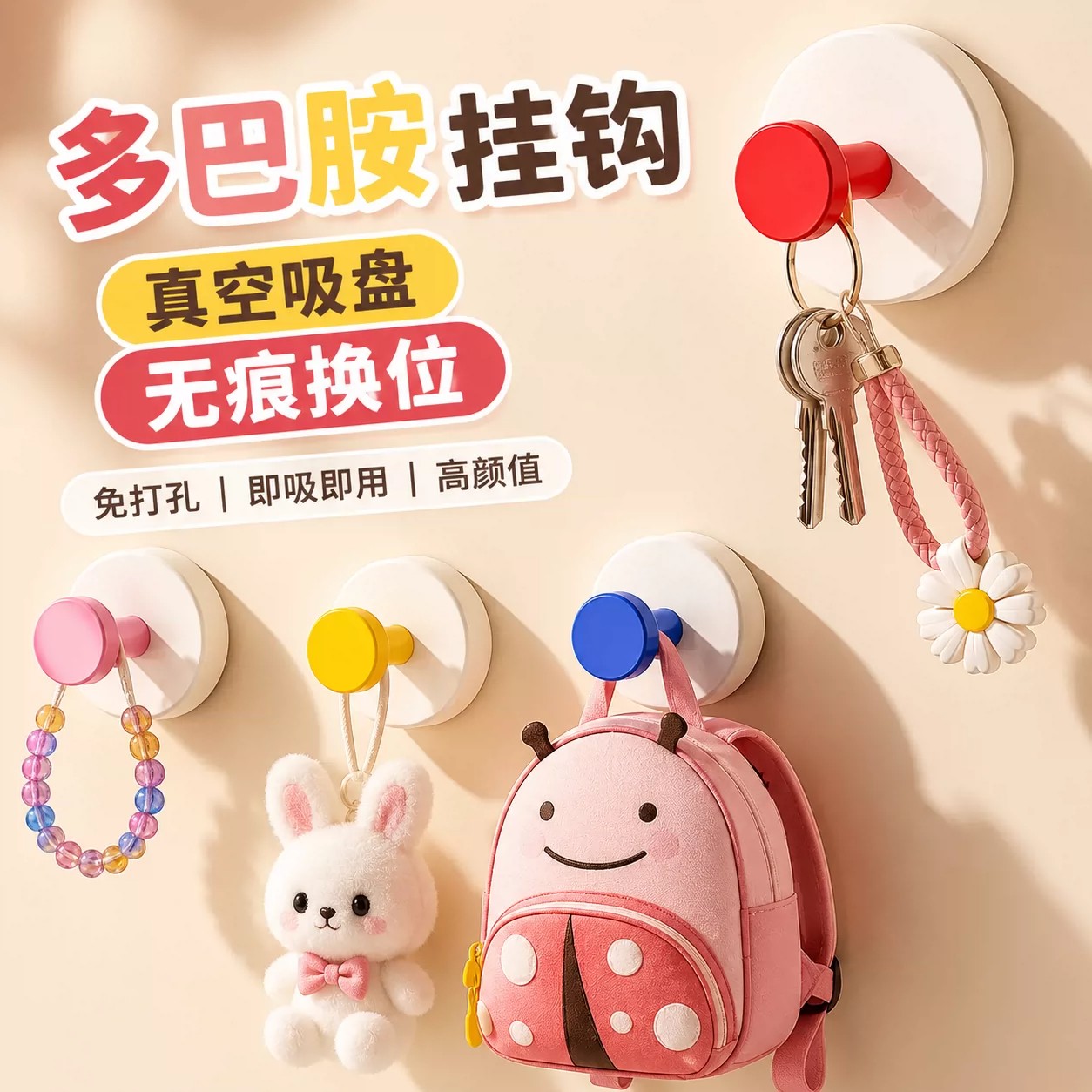 多巴胺吸盘挂钩玄关挂钩承重力强粘胶免打孔入户门口放钥匙神器