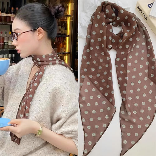 新款棕色波点丝巾印花高级百搭配饰系脖女2026年发带绑发长条围巾