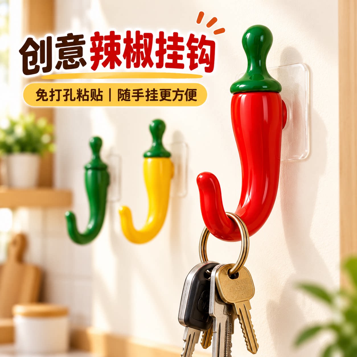 创意辣椒挂钩免打孔强力承重入户门口放钥匙厨房卫生间挂毛巾粘钩