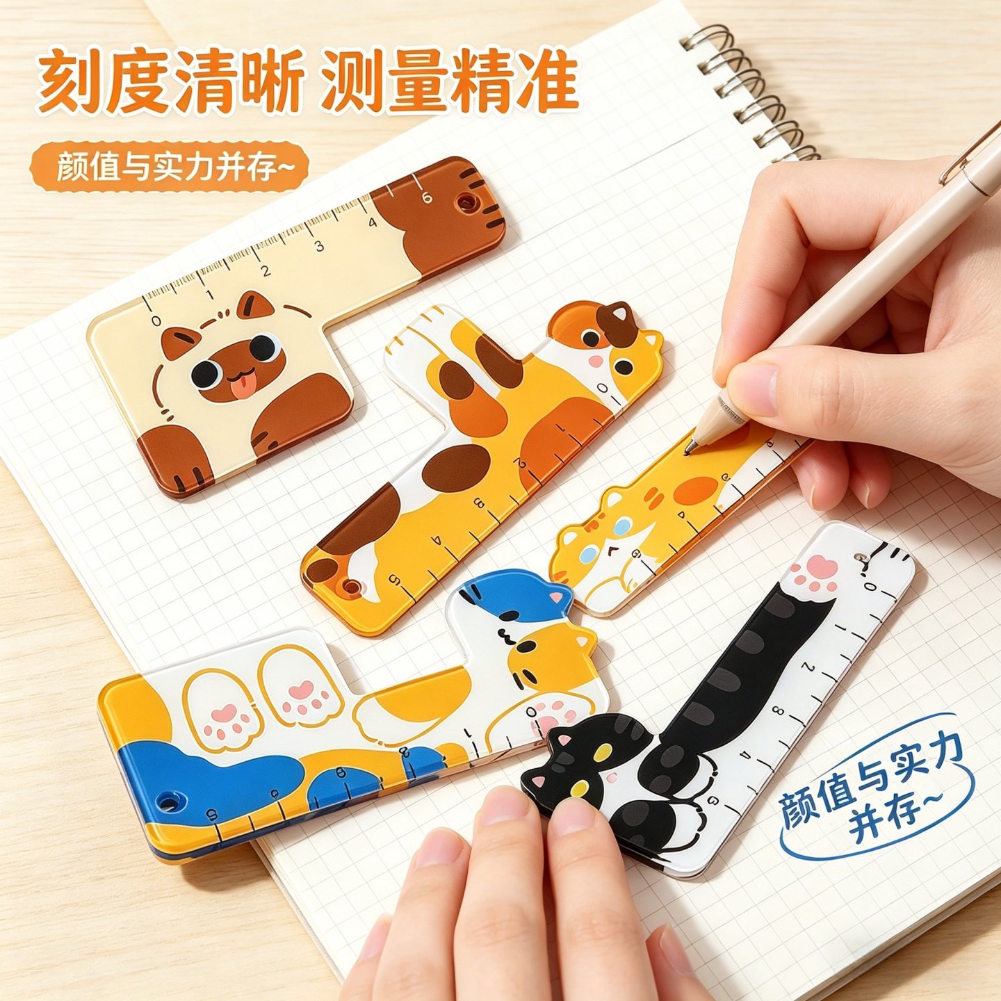 迷你猫咪掌心尺便携多功能高颜值小学生专用创意直尺画图尺子套装