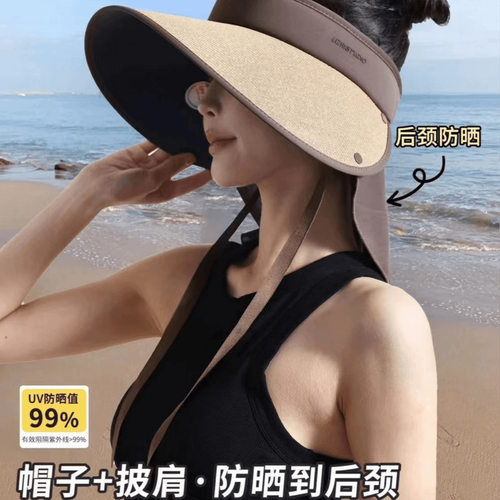 2025新款空顶防晒帽女夏季防紫外线海边沙滩遮阳帽折叠后颈太阳帽