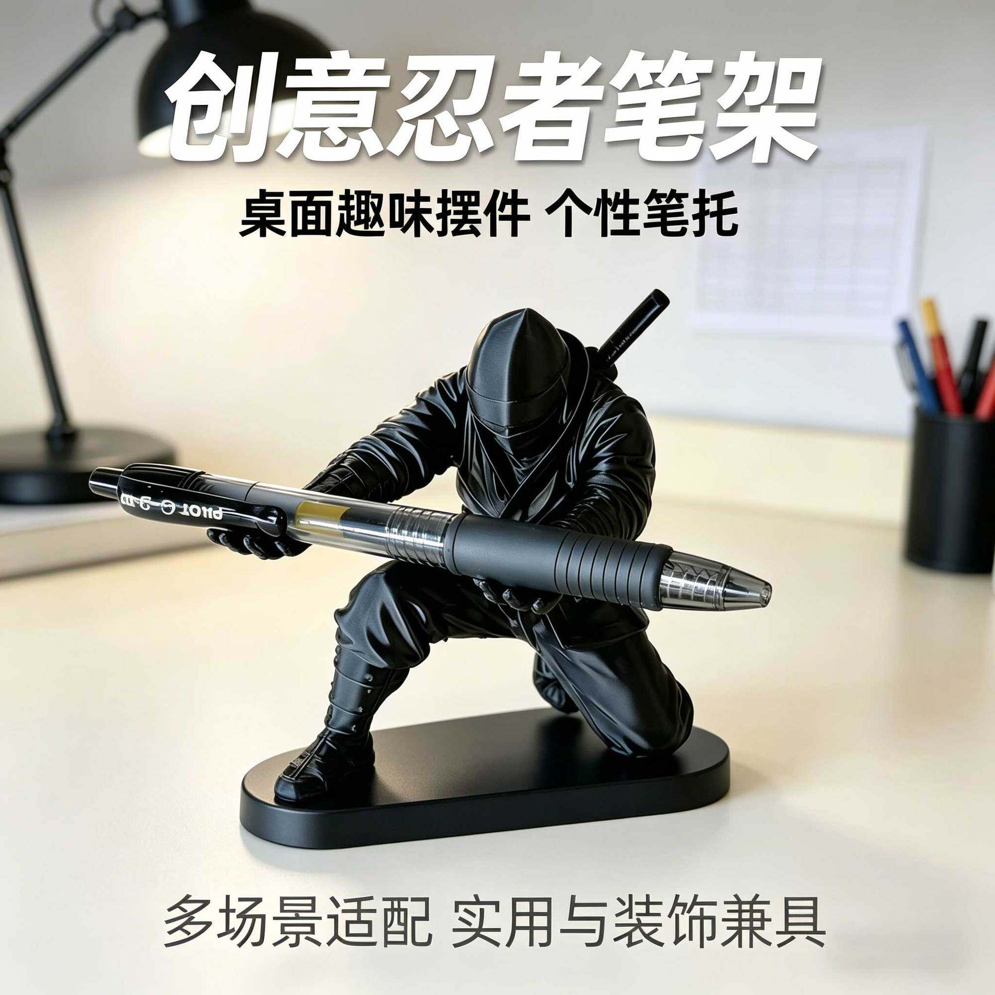 3d打印网红黑色忍者摆件笔架文具收纳笔筒个性创意桌搭装饰