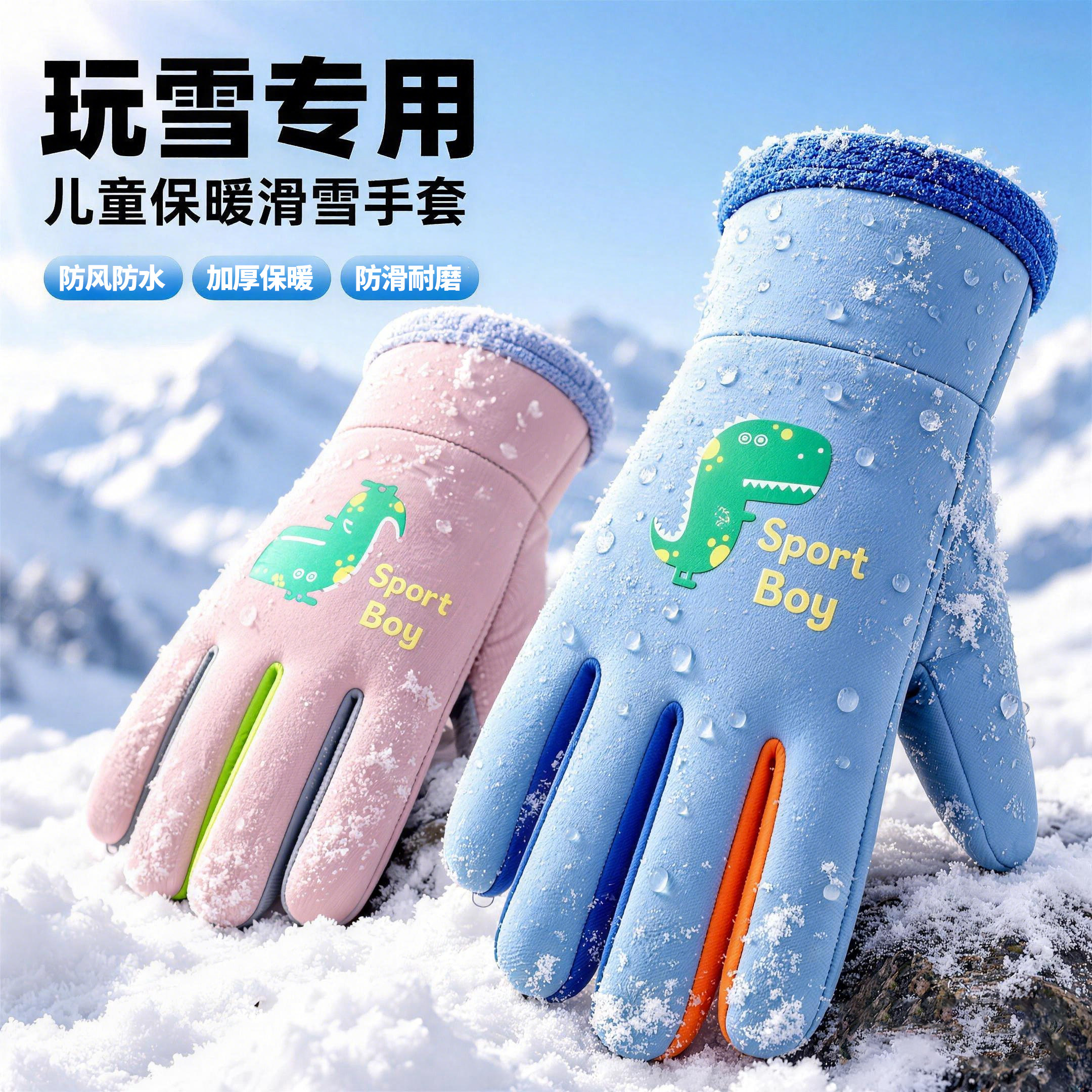 儿童滑雪手套女童宝宝玩雪专用防水防风男童东北雪地防寒加厚保暖