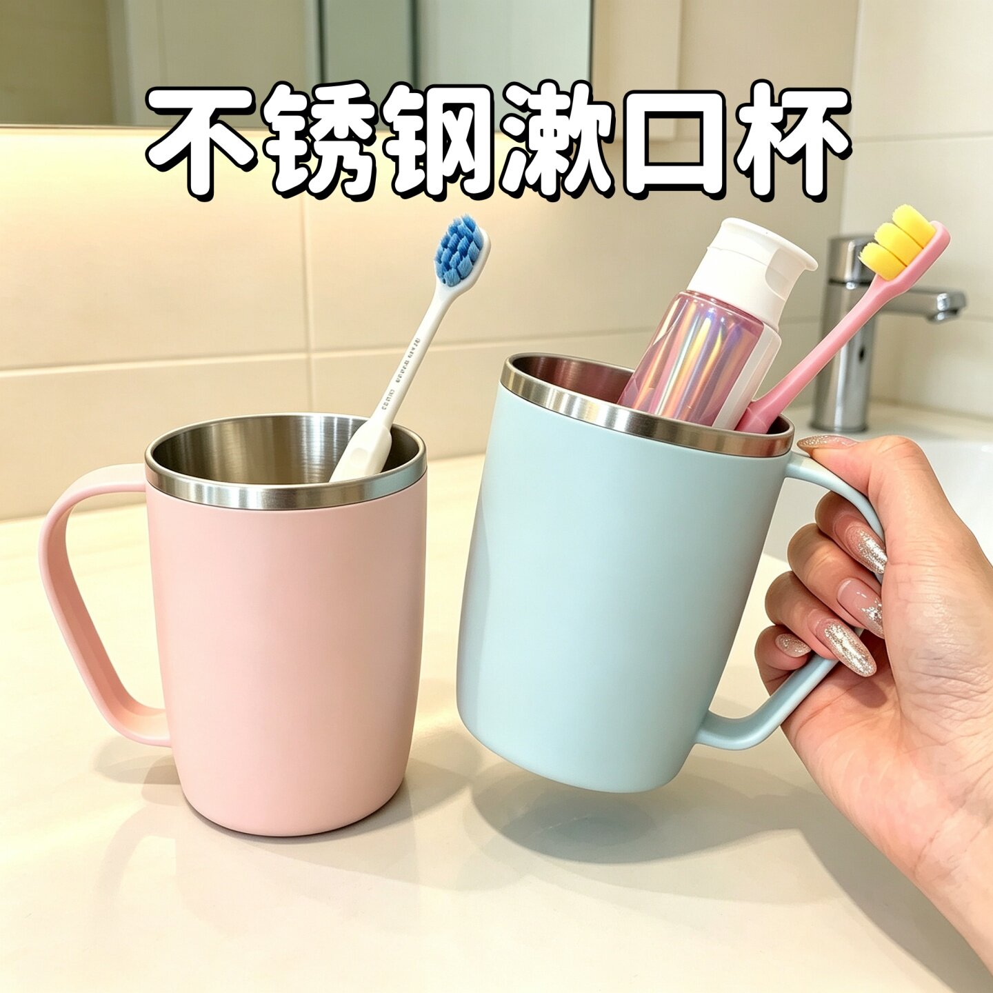 304不锈钢情侣漱口杯不发霉家庭洗漱杯双层加厚防摔刷牙杯带手柄