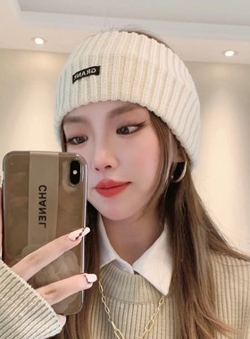 2025女款秋冬季针织发带女头巾毛线帽子月子产后头套运动黑色冷帽