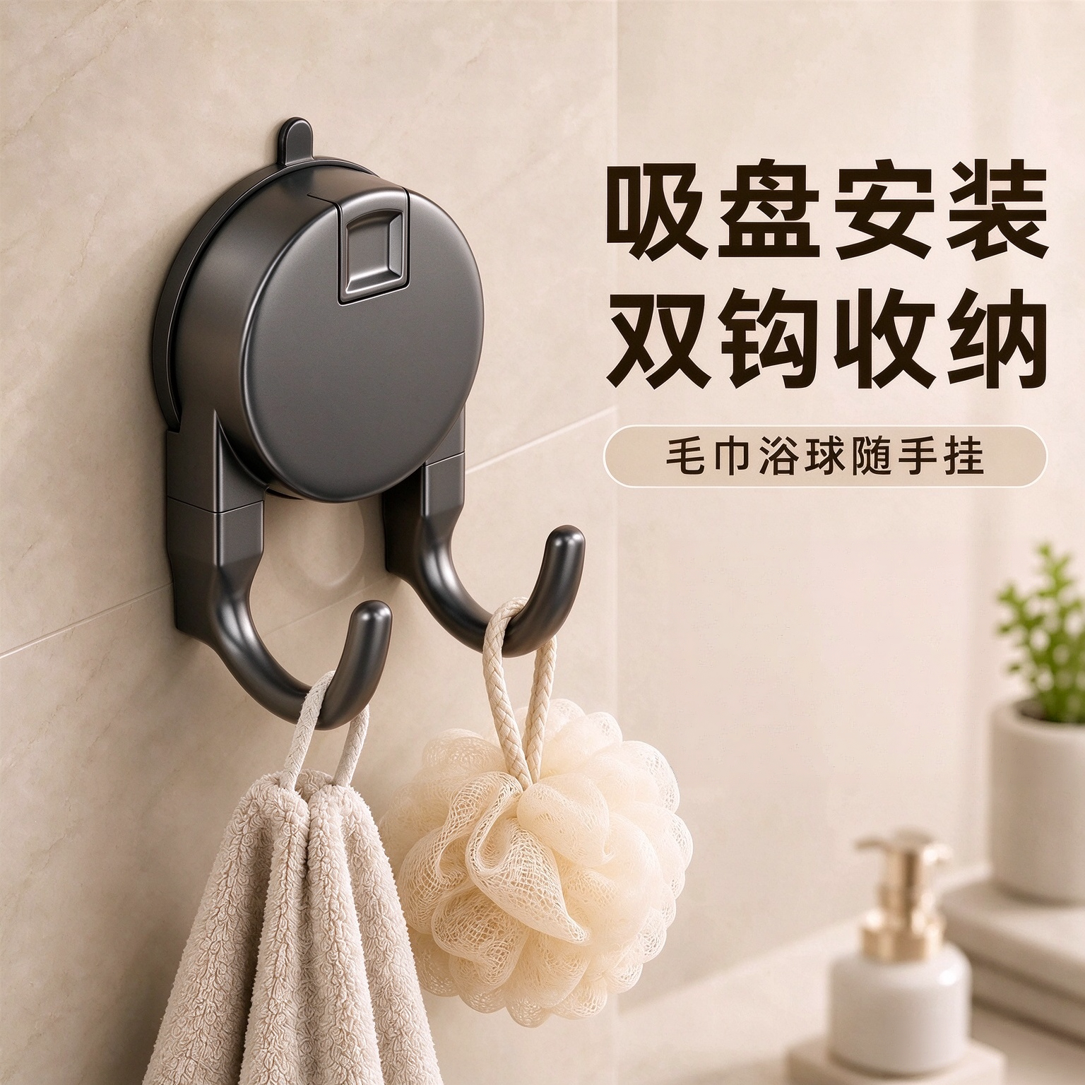 吸盘纸巾双挂钩悬挂多功能抽纸免打孔浴室卫生间门后强力承重挂钩