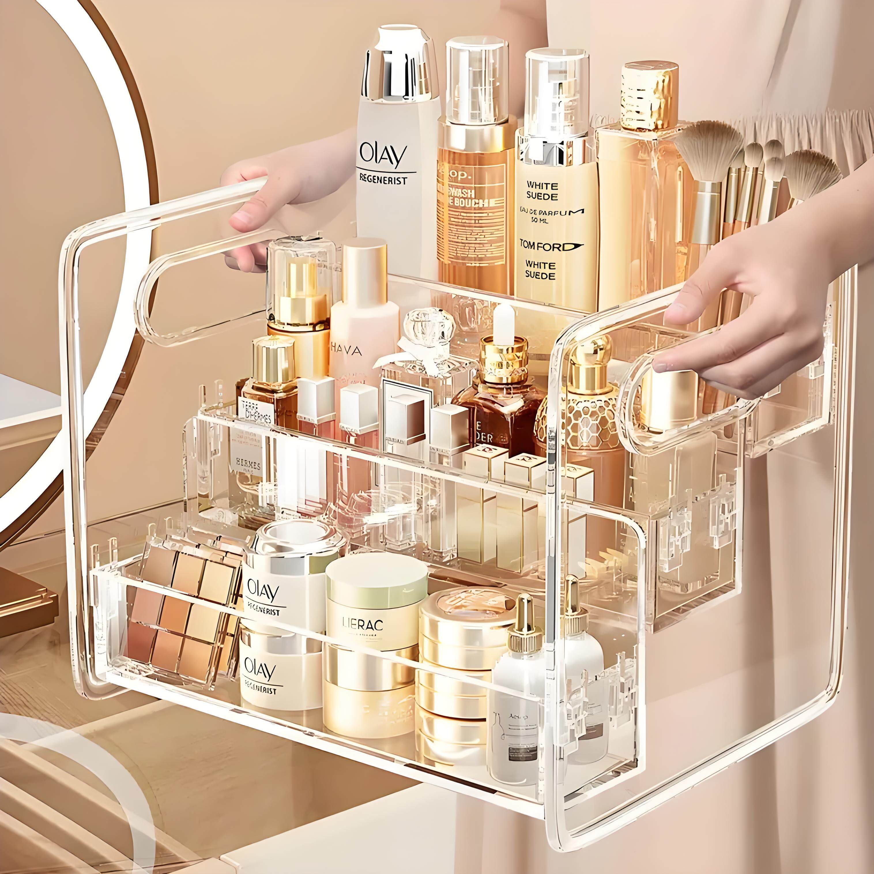 化妆品收纳盒桌面梳妆台台面透明亚克力阶梯多层护肤品香水置物架