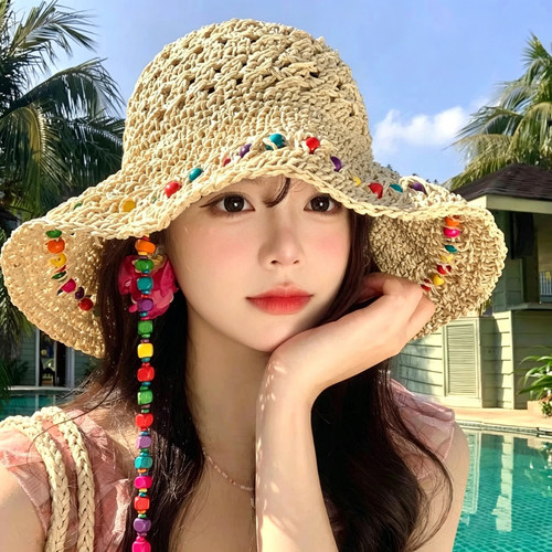 2026新款彩色编织草帽女夏季海边度假风帽子大帽檐防晒遮阳渔夫帽