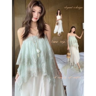 Aveline 夏季新款多层次蕾丝吊带短款时尚褶皱蛋糕背心上衣女