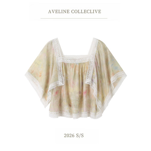 Aveline 莫奈花园 夏季新款蕾丝罩衫短款印花莱赛尔雪纺上衣女