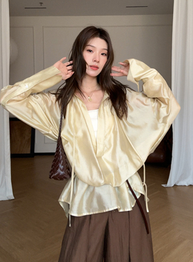 Aveline 夏季新款宽松长袖慵懒系带短款莱赛尔天丝衬衫女