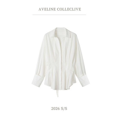 Aveline 夏季新款腰部褶皱绑带衬衫设计显瘦棉麻混纺上衣女