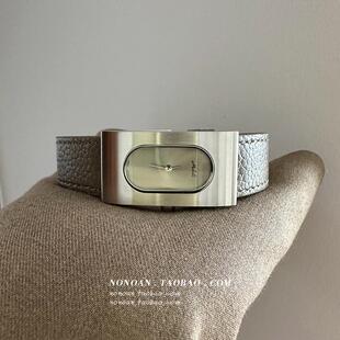 NONOAN 复古简约真皮手表女长方形钢壳气质ins风精致高级石英腕表
