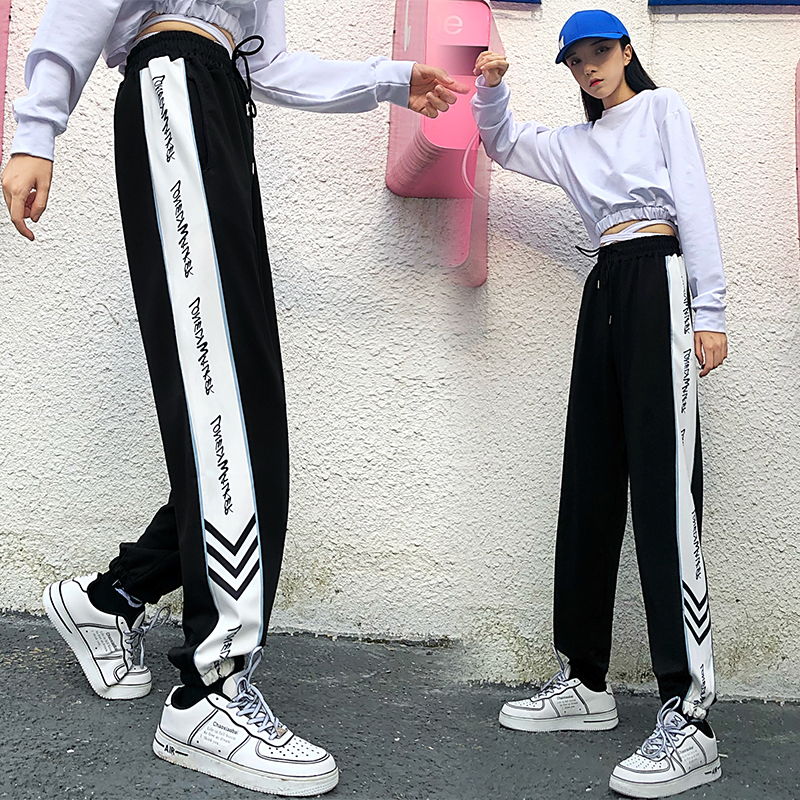 Real shooting autumn high waisted leisure sports pants for female students hip hop trendy loose legged Capris