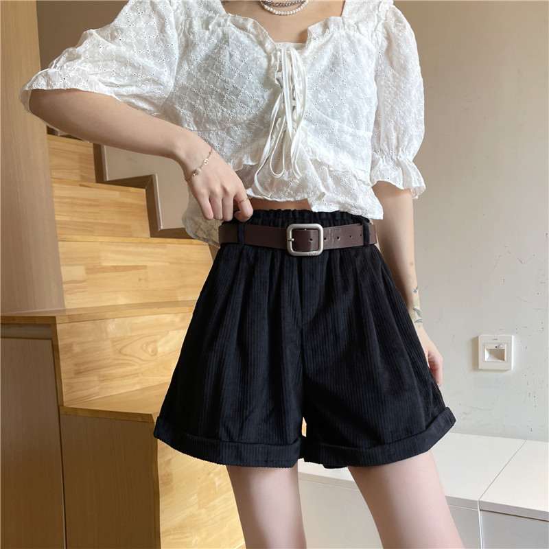 5 real shot with belt 2021 new corduroy shorts women's autumn high waist leisure wide leg boots pants