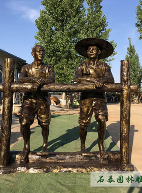 玻璃钢铸铜农耕踩水车人物雕塑