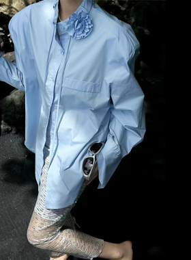 Music eyes音眸 法式蓝色衬衫女纯棉宽松立体花朵系带垫肩衬衣女