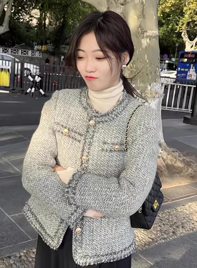 小香风外套女短款春秋粗花呢流苏拼接内胆羽绒小个子灰色