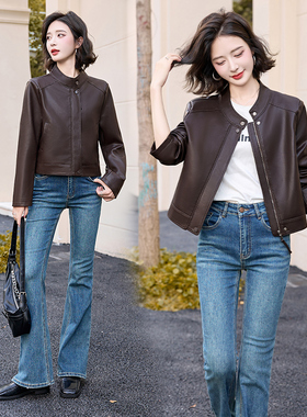 女式皮衣春秋修身皮夹克立领棕色复古美拉德仿绵羊皮小香风外套