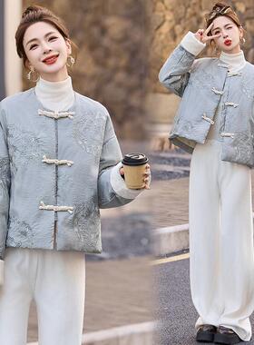 2025新中式国风刺绣盘扣羽绒服女冬季重工拼接白鸭绒短外套