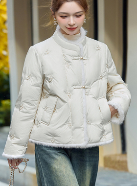 新中式国风刺绣排骨立领白色短款羽绒服女白鸭绒保暖外套小个子