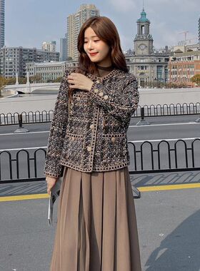 小香风外套女春秋夹棉短款粗花毛呢加厚大码胖mm咖色上衣高级感