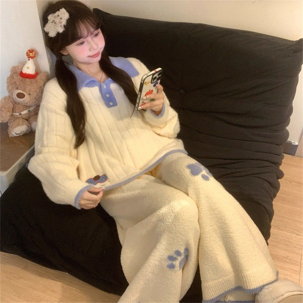 韩系甜美少女可爱卡通珊瑚绒睡衣女冬季软萌学生宿舍可外穿家居服