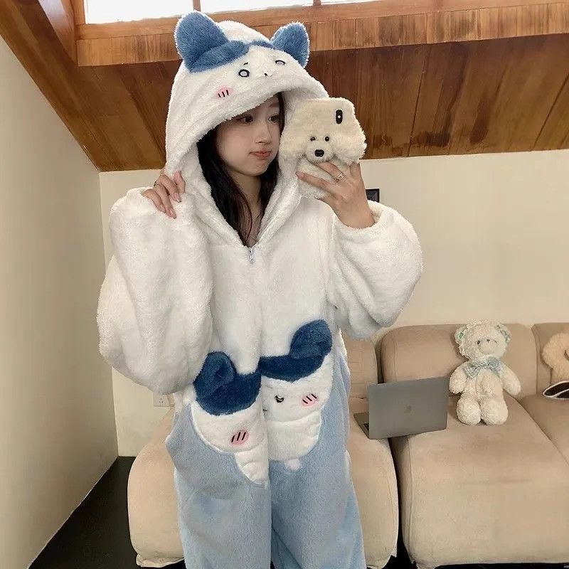 秋冬季可爱韩系少女卡通小八连体珊瑚绒睡衣女加绒学生宿舍家居服