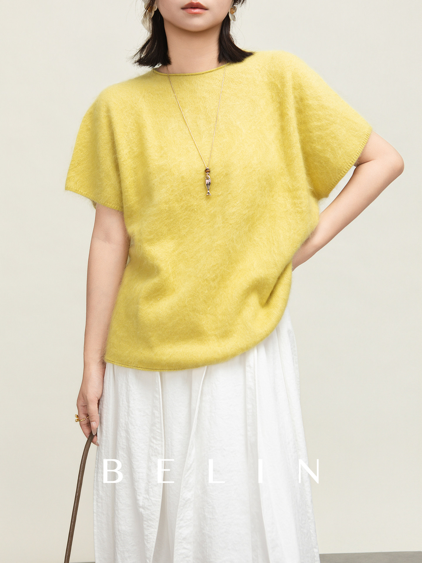 BELIN「黄油漫光」绵羊毛短袖拉毛针织衫女落肩圆领温柔宽松上衣