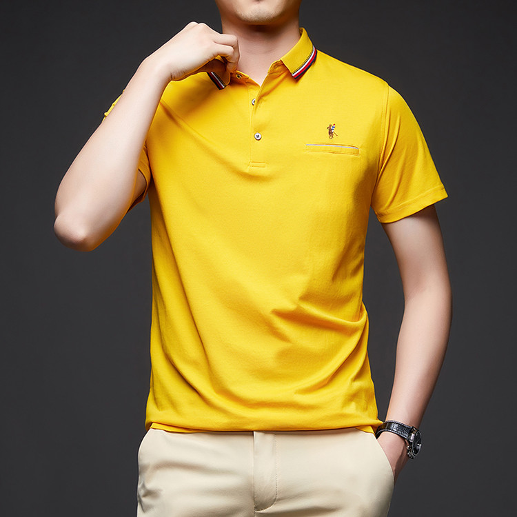 夏爸爸短袖纯色纯棉T恤男 刺绣翻领真口袋POLO衫宽松中老年人上衣