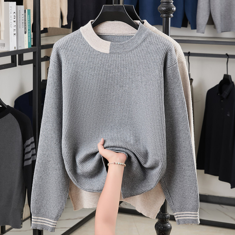 加绒针织打底衫男秋冬季薄款粗线毛衣男士宽松线衣加厚款潮流上衣