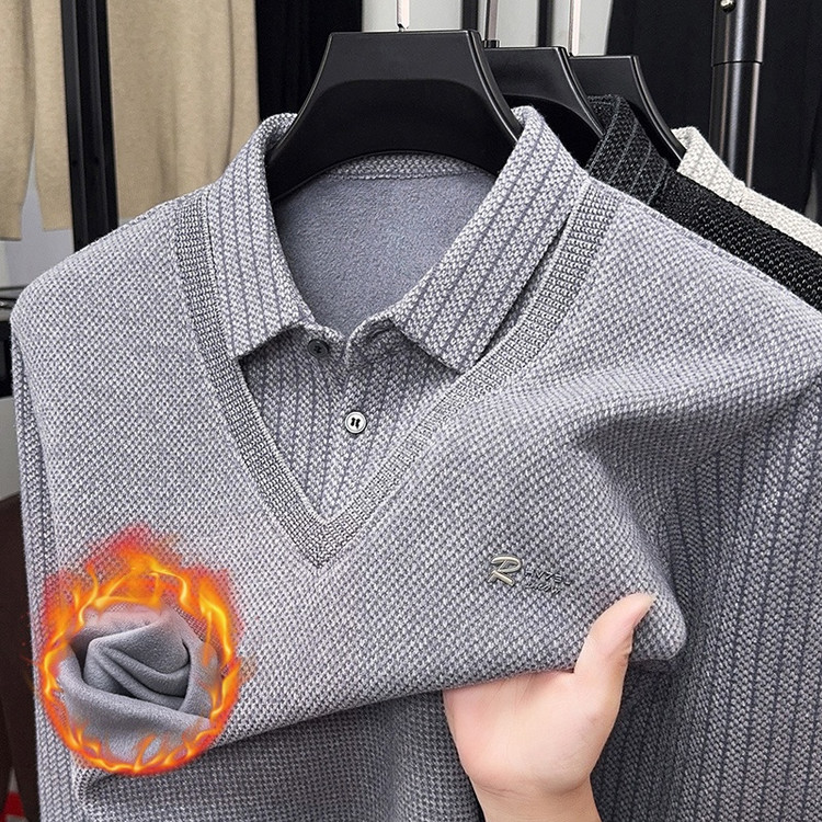 中老年男士假两件秋冬季衬衫一体绒加绒加厚新款上衣保暖卫衣衬衣