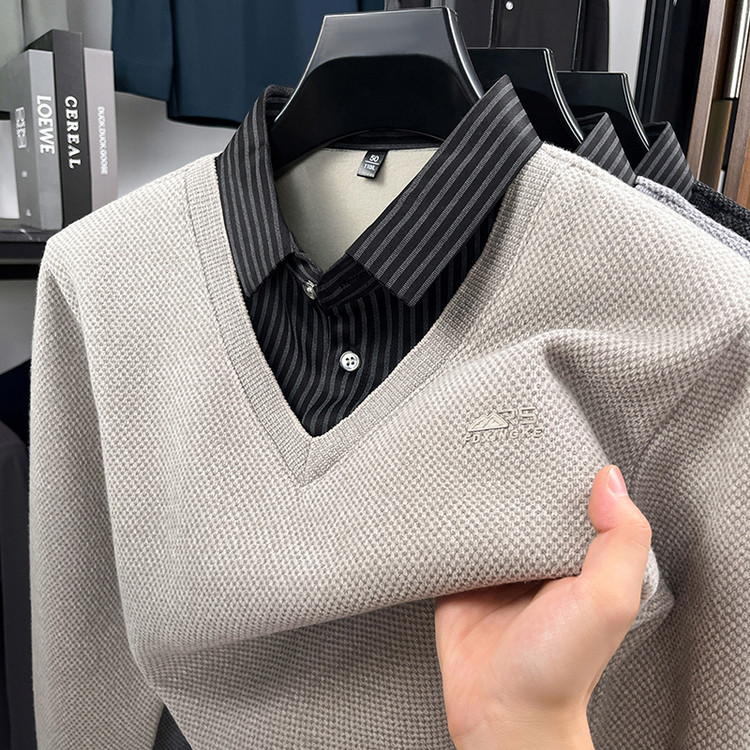 毛衣男士假两件加绒加厚冬季新款保暖一体绒针织打底线毛衫