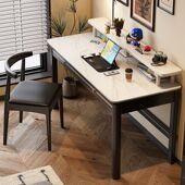 实木岩板书桌新中式 带抽屉书架黑色卧室家用书房写字桌办公电脑桌