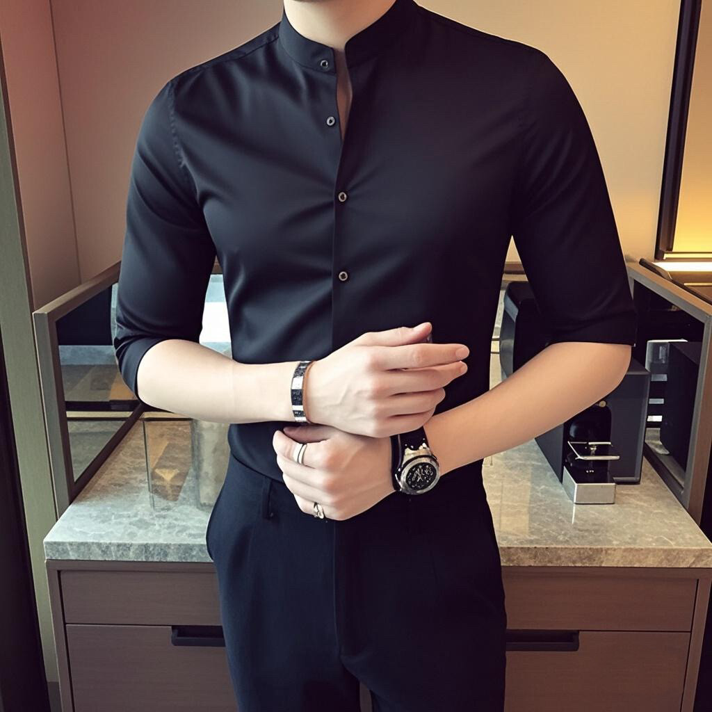 C76-P45春夏纯色立领男士韩版休闲发型师中袖衬衫七分袖衬衫男，男装衬衫，电商C309A