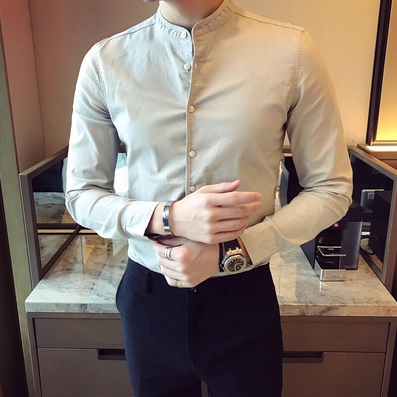 C66-P50春秋韩版修身男士立领纯色休闲衬衫发型师商务休闲衬衣潮，男装衬衫，电商C309A