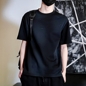 T5746-P38 49%棉47%聚酯纤维4%氨纶 做旧破洞工艺短袖T恤潮图片