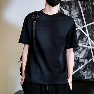 T5746-P38 49%棉47%聚酯纤维4%氨纶 做旧破洞工艺短袖T恤潮图片