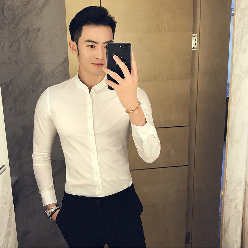 C66-P55春秋韩版修身男士立领纯色休闲衬衫发型师商务休闲衬衣潮,男装衬衫,电商C309A