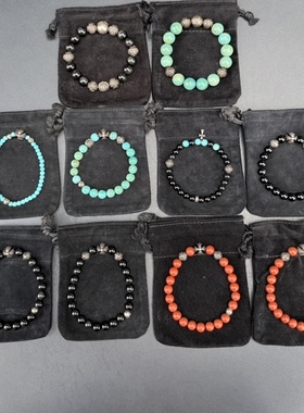 泰银复古绿松南红小圆珠十字花手链镀纯银弹力绳柿子红手串手饰