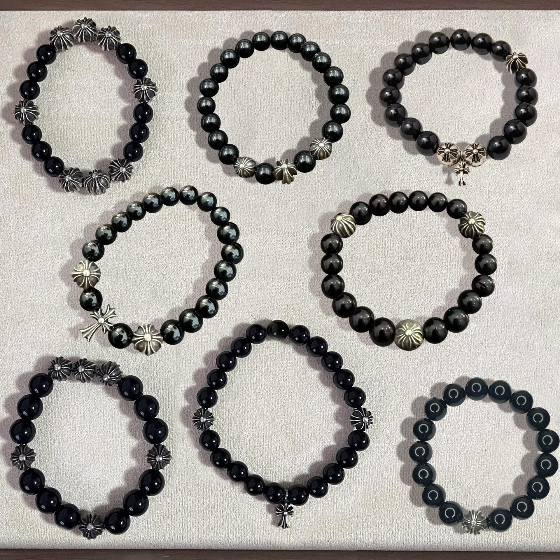 王嘉尔黑曜石十字架泰银珠手串