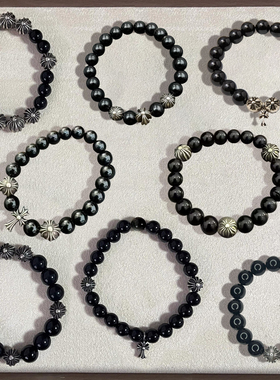 王嘉尔黑曜石十字架泰银珠手串欧美做旧高校阿美咔叽轻奢串珠手链